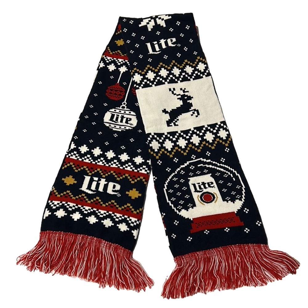 Miller Lite Christmas Holiday Scarf Reindeer & Ornaments Navy Blue Red and White